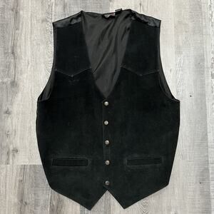 VTG Thums Up Black Suede Western Waist Coat Buckle Back 80s Mens Vest XL